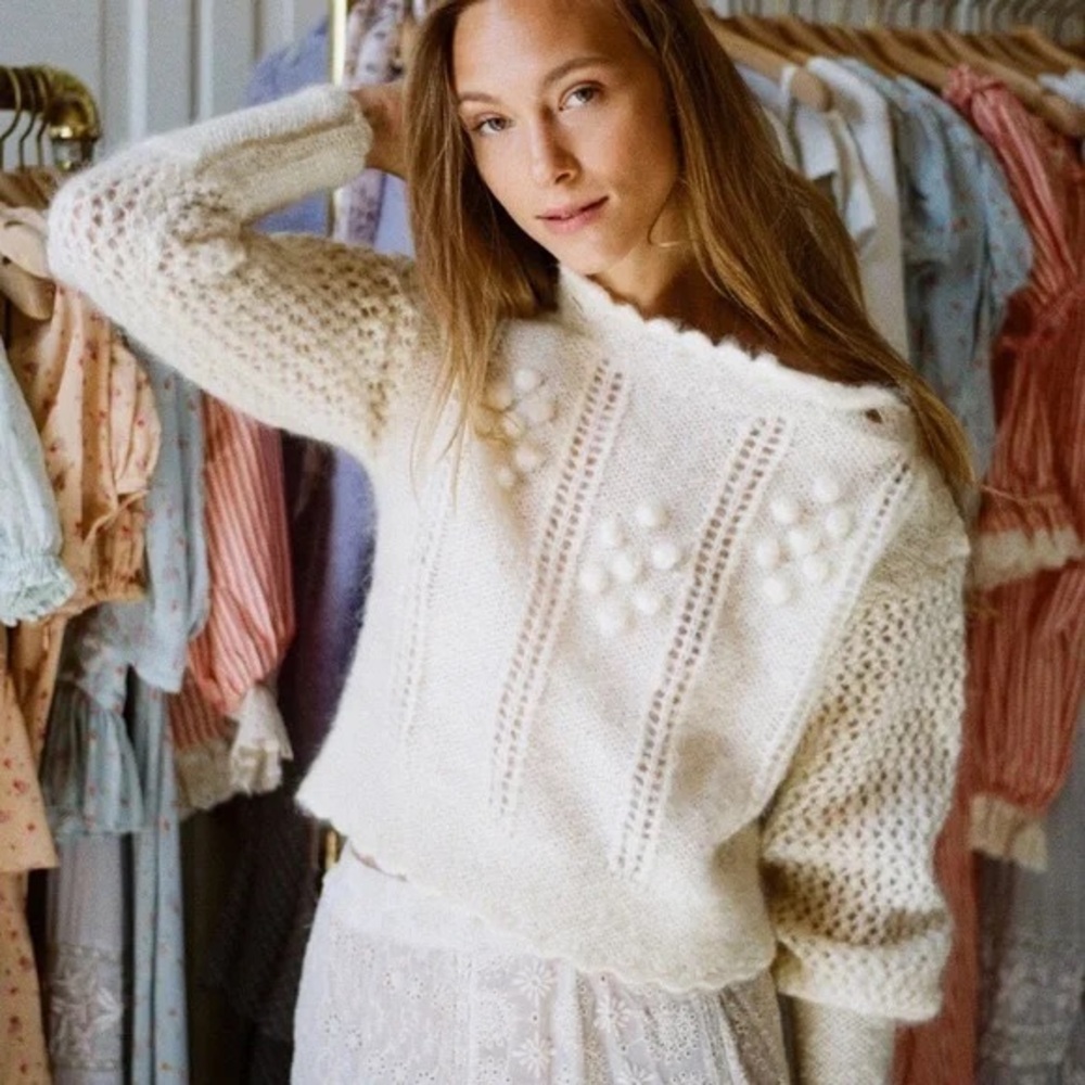 LoveShackFancy Persephone Sweater in Cream Puff - Picture 1 of 7